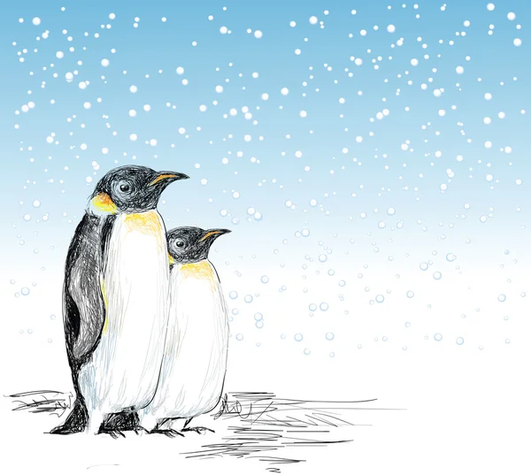 Escena de invierno con pingüinos dibujados a mano — Vector de stock