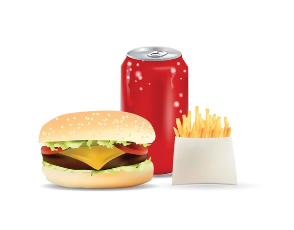 Burger, puszka po napoju i frytki — Wektor stockowy