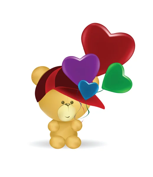Pequeno urso segurando balões de coração —  Vetores de Stock