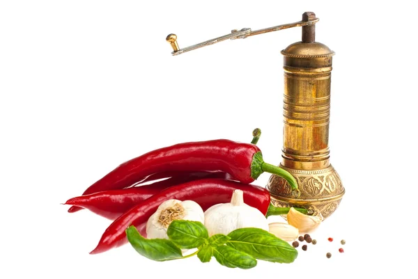 Peppers, garlic, basil. — Stock Photo, Image