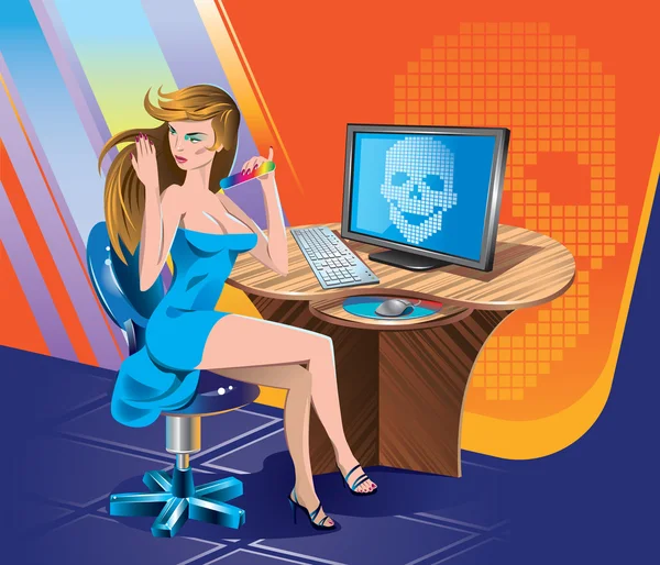 Una donna con una lima per unghie, che si siede al computer — Vettoriale Stock