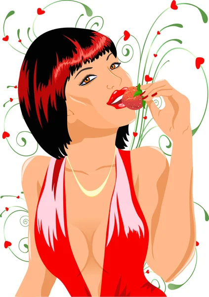Glamour girl with strawberry — Stock Vector