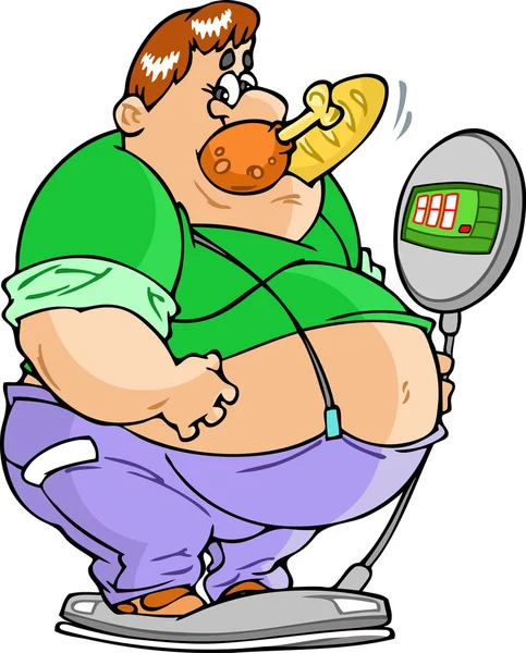 Hombre gordo en la máquina de pesaje — Vector de stock