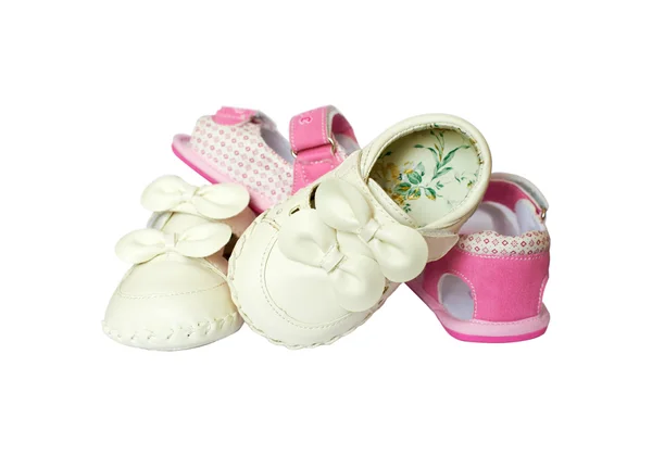 Pink end white baby girl little shoes with laces — Stock Photo, Image
