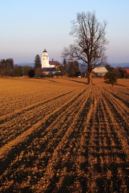 Evening view - broke field and netin village in bohemian and moravian highland czech republic clipart