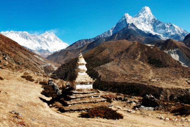 Ama Dablam Lhotse and top of Everest with stupa clipart