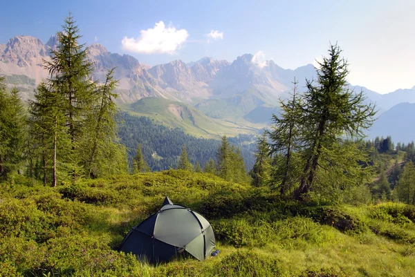 Turist tält i gröna skogen om bergen — Stock fotografie