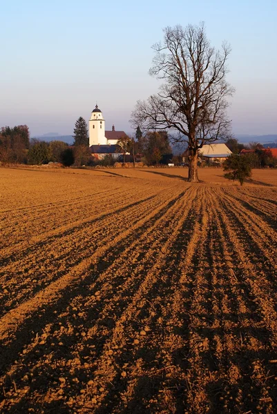 stock image Evening view - broke field and netin village in bohemian and moravian highland czech republic