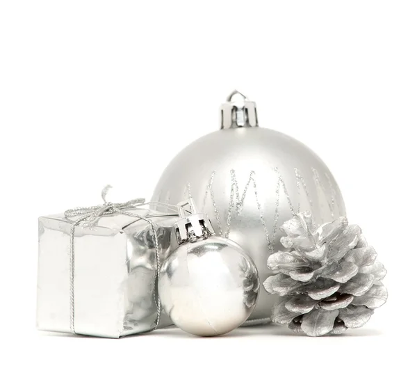 Silver Christmas balls with box and bump — Stock Photo, Image