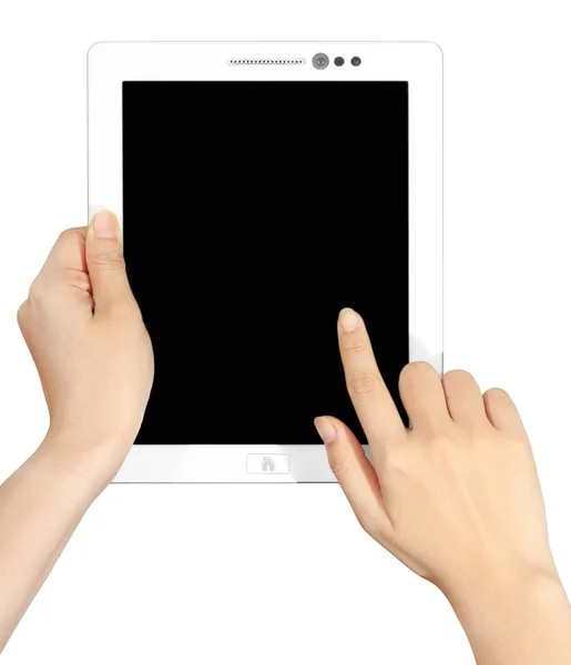 Tablette tactile blanche vierge maintenue à la main — Photo