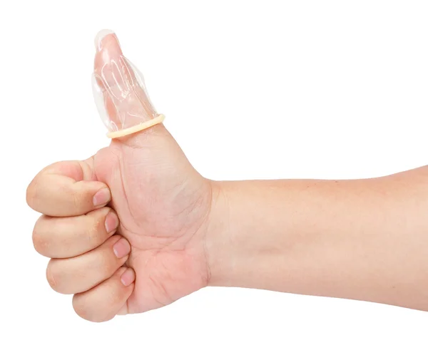 Kondom på fingret isolerad på vit bakgrund — Stockfoto