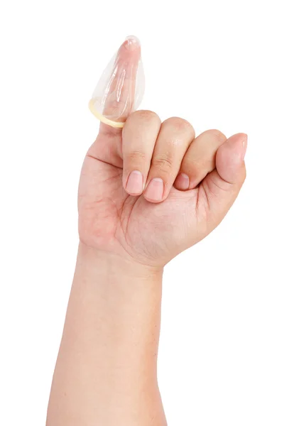 Condoom op vinger geïsoleerd op witte achtergrond — Stockfoto