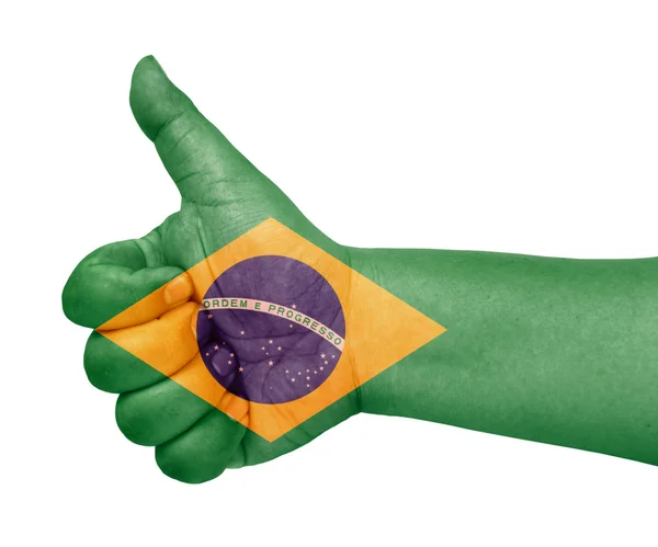 stock image Brazil flag on thumb up gesture facebook like icon