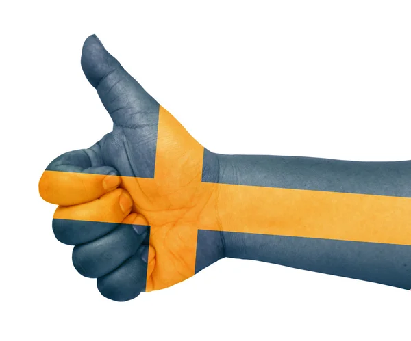 Bandera de Suecia en el pulgar hacia arriba gesto como icono — Foto de Stock