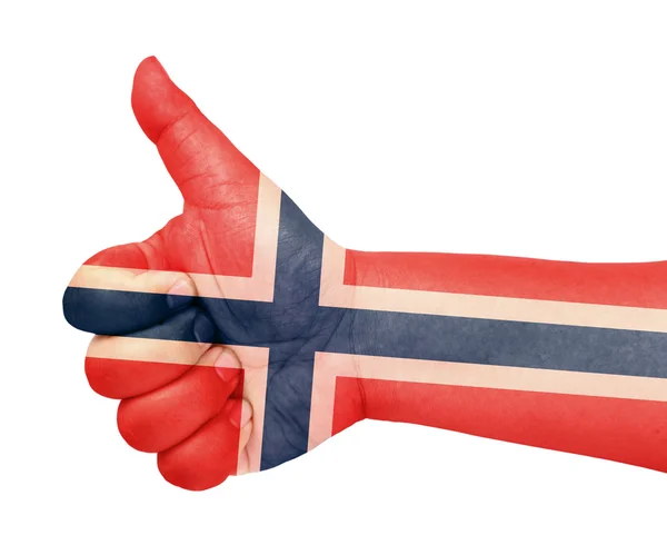 Σημαία της Νορβηγίας σχετικά με τον αντίχειρα επάνω χειρονομία σαν εικονίδιο — Φωτογραφία Αρχείου