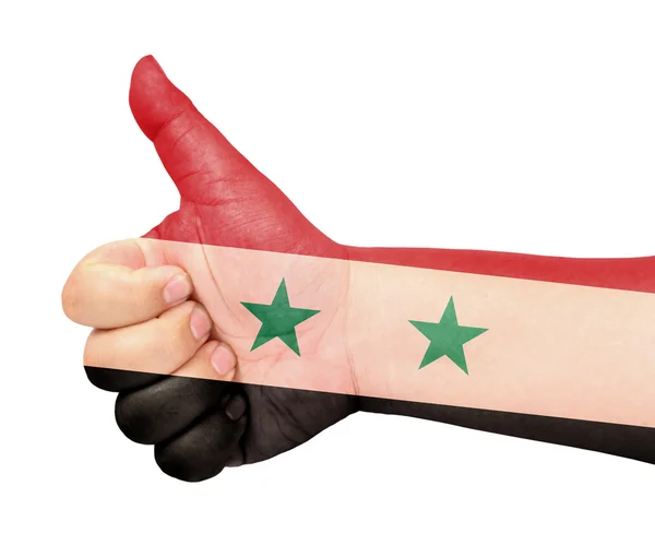 Σημαία της Συρίας σχετικά με τον αντίχειρα επάνω χειρονομία σαν εικονίδιο — Φωτογραφία Αρχείου