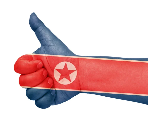 Σημαία της Βόρειας Κορέας σχετικά με τον αντίχειρα επάνω χειρονομία σαν εικονίδιο — Φωτογραφία Αρχείου