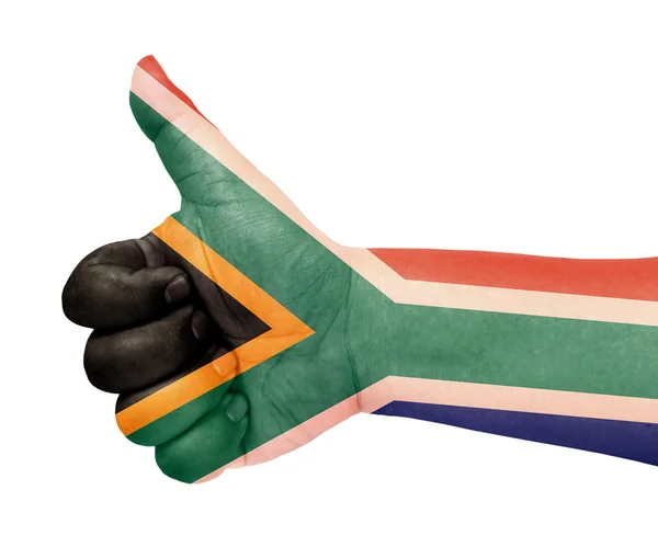 Σημαία της Νότιας Αφρικής σχετικά με τον αντίχειρα επάνω χειρονομία σαν εικονίδιο — Φωτογραφία Αρχείου