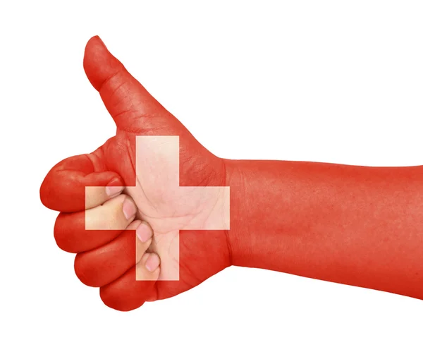 Флаг Швейцарии на большом пальце вверх жест, как икона — стоковое фото