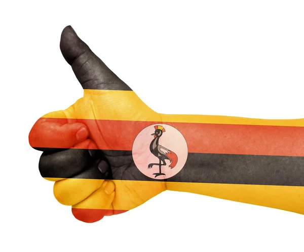 Σημαία της Ουγκάντα σχετικά με τον αντίχειρα επάνω χειρονομία σαν εικονίδιο — Φωτογραφία Αρχείου