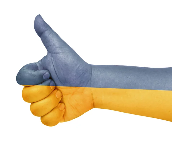 Ukraine flag on thumb up gesture like icon — Stock Photo, Image