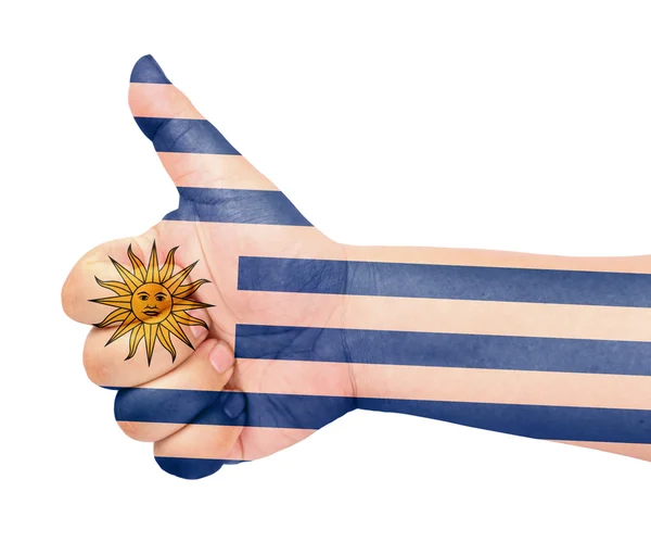 Σημαία της Ουρουγουάης σχετικά με τον αντίχειρα επάνω χειρονομία σαν εικονίδιο — Φωτογραφία Αρχείου