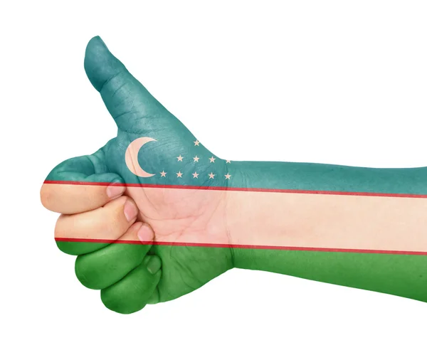 Uzbekistans flagga på tummen upp gest som ikon — Stockfoto