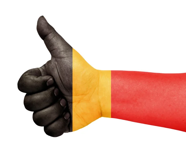 Прапор Бельгії на великий палець вгору жестом як значок — стокове фото