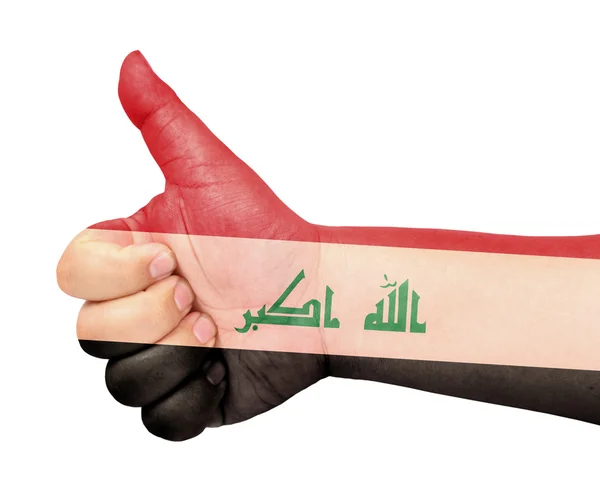 Σημαία του Ιράκ σχετικά με τον αντίχειρα επάνω χειρονομία σαν εικονίδιο — Φωτογραφία Αρχείου