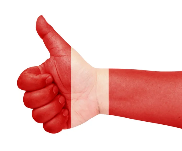 Прапор Перу на великий палець вгору жестом як значок — стокове фото