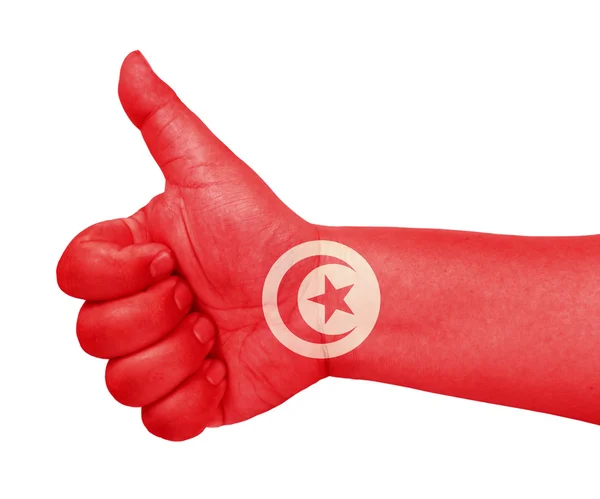 Tunísia bandeira no polegar até gesto como ícone — Fotografia de Stock