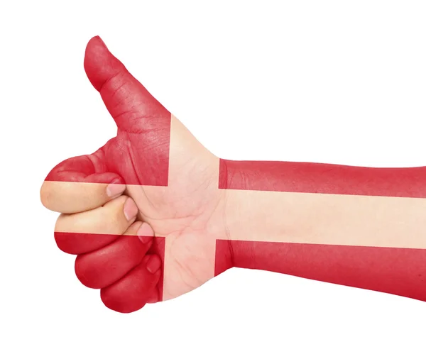 Σημαία της Δανίας σχετικά με τον αντίχειρα επάνω χειρονομία σαν εικονίδιο — Φωτογραφία Αρχείου