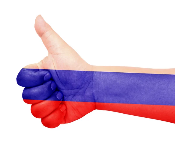 Σημαία της Ρωσίας σχετικά με τον αντίχειρα επάνω χειρονομία σαν εικονίδιο — Φωτογραφία Αρχείου