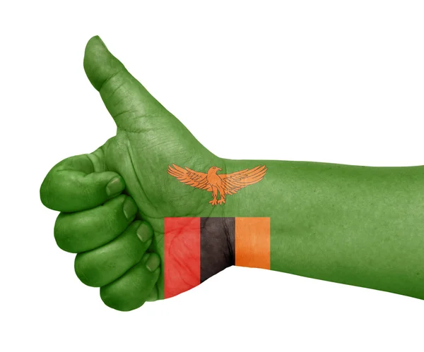 Sambia Flagge auf Daumen nach oben Geste wie eine Ikone — Stockfoto