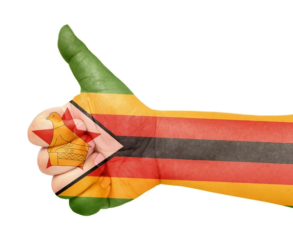 Σημαία της Ζιμπάμπουε σχετικά με τον αντίχειρα επάνω χειρονομία σαν εικονίδιο — Φωτογραφία Αρχείου
