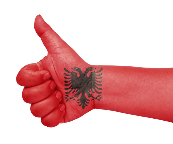 Bandera de Albania en el pulgar hacia arriba gesto como icono —  Fotos de Stock