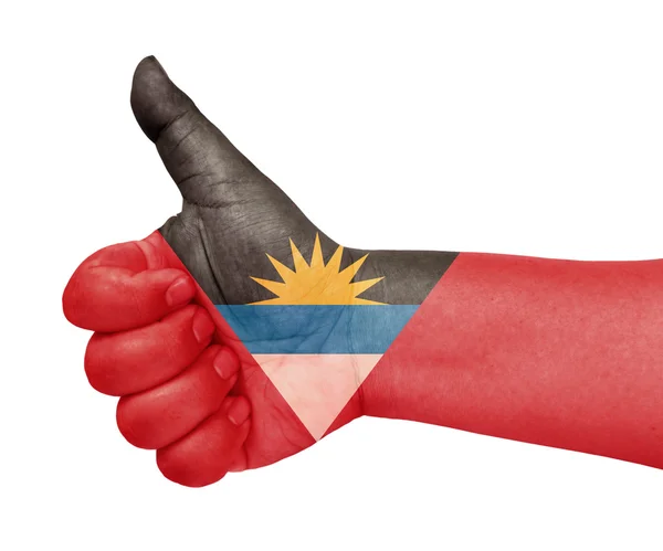 Прапор Антигуа і Барбуда на великий палець вгору жестом як значок — стокове фото