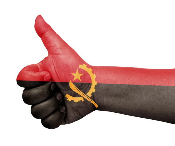 Bandera de Angola en el pulgar hacia arriba gesto como icono —  Fotos de Stock