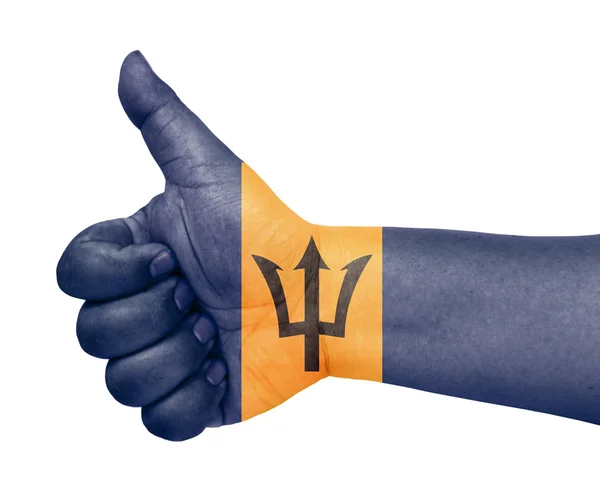 Прапор Барбадосу на великий палець вгору жестом як значок — стокове фото
