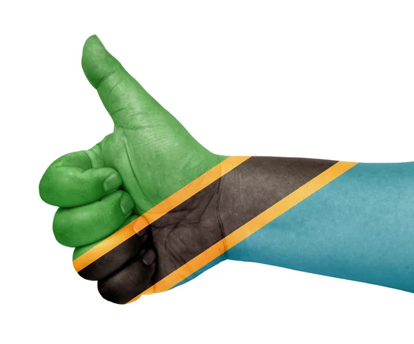 Tanzania flagga på tummen upp gest som ikon — Stockfoto