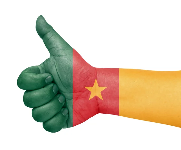 Kameruns flagga på tummen upp gest som ikon — Stockfoto