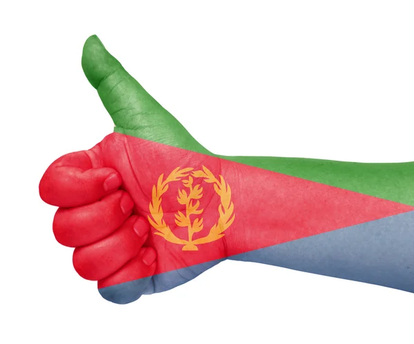Eritrea Flagge auf Daumen nach oben Geste wie Symbol — Stockfoto