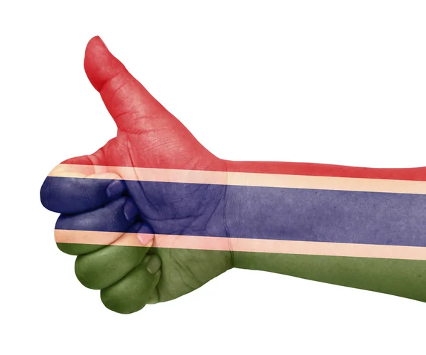 Σημαία της Γκάμπια σχετικά με τον αντίχειρα επάνω χειρονομία σαν εικονίδιο — Φωτογραφία Αρχείου