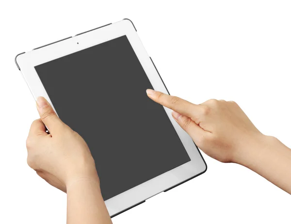 Blank white touch pad tablet hold in hand — Stock Photo, Image
