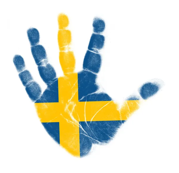 스웨덴 국기 손바닥에 고립 된 흰색 배경 인쇄 — 스톡 사진