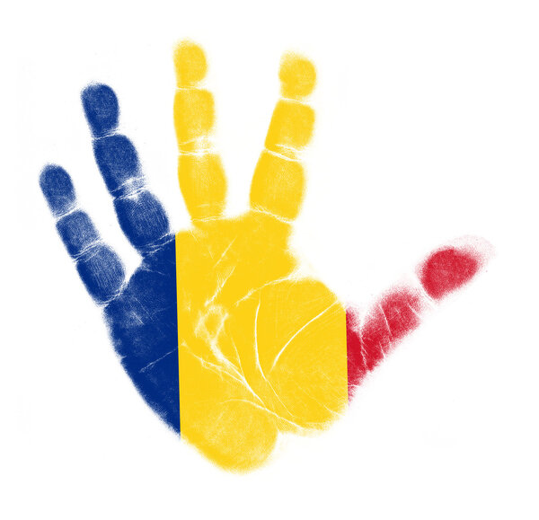 Romania flag palm print isolated on white background
