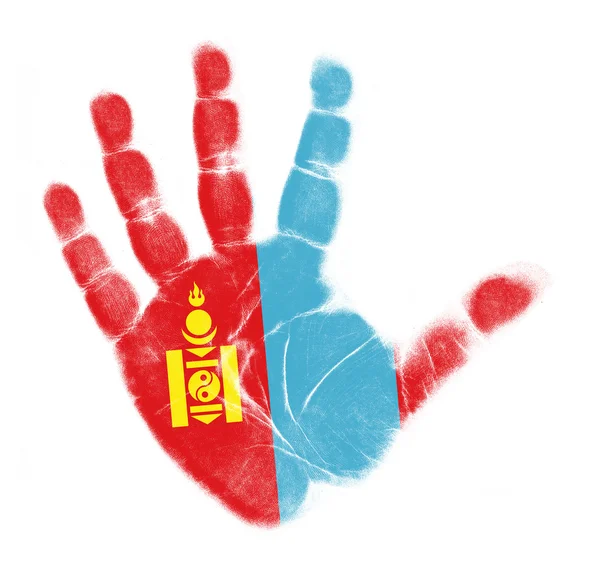 Bandeira da Mongólia impressão da palma isolada no fundo branco — Fotografia de Stock