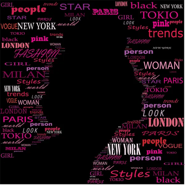 Mode. woord collage op zwarte achtergrond. illustratie met verschillende vereniging voorwaarden. — Stockvector