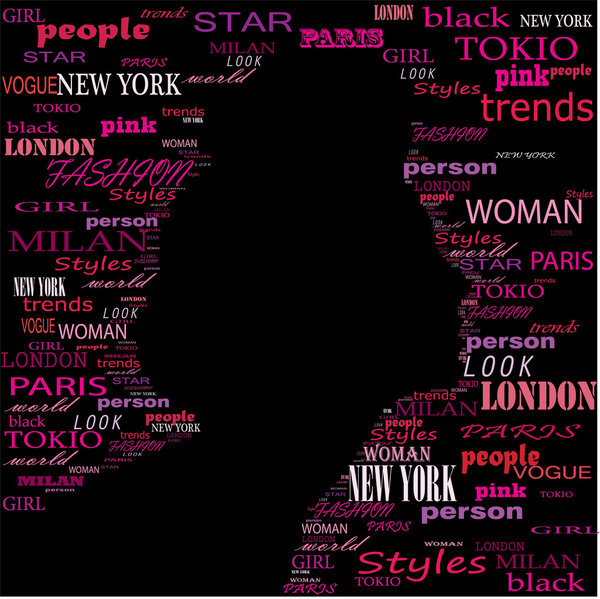 FASHION. Word collage on black background. Illustration with different association terms.