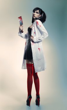 Crazy nurse with bloody knife clipart